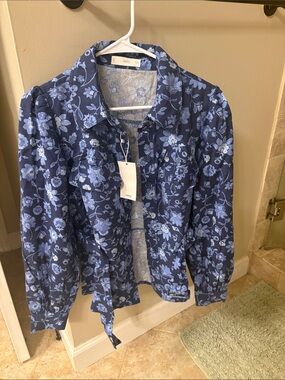 Mango Navy Blue Floral Button Down Shirt and Short Set